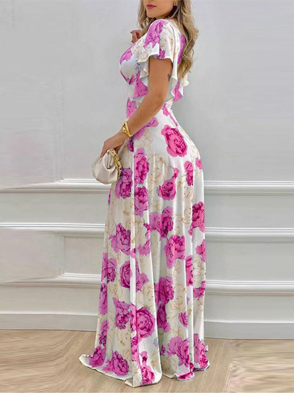 Floral V-Neck Ruffle Sleeve Maxi Dress