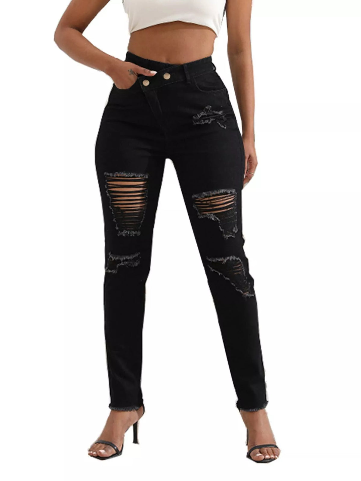 Distressed Raw Hem High-Waisted Jeans
