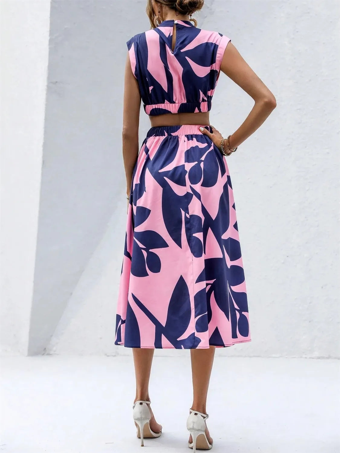 Cutout Cap Sleeve Printed Midi Dress