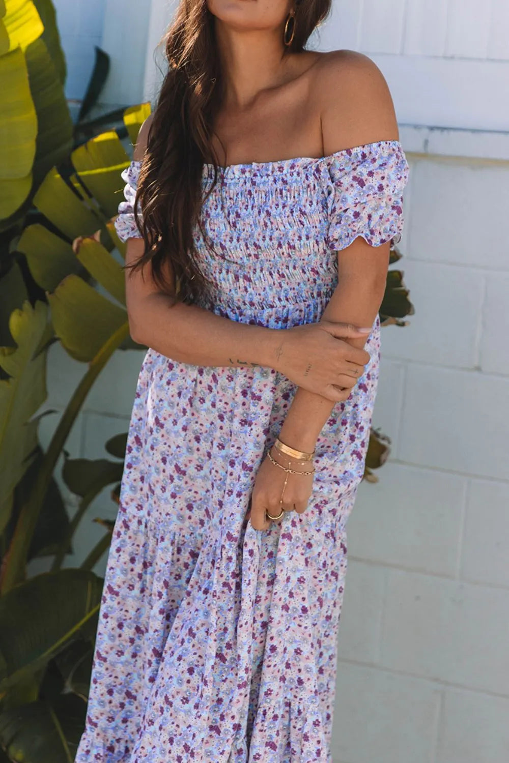 Smocked Tiered Floral Maxi Dress in Lavender