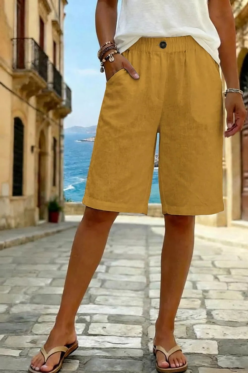 Pocketed Elastic Waist Shorts