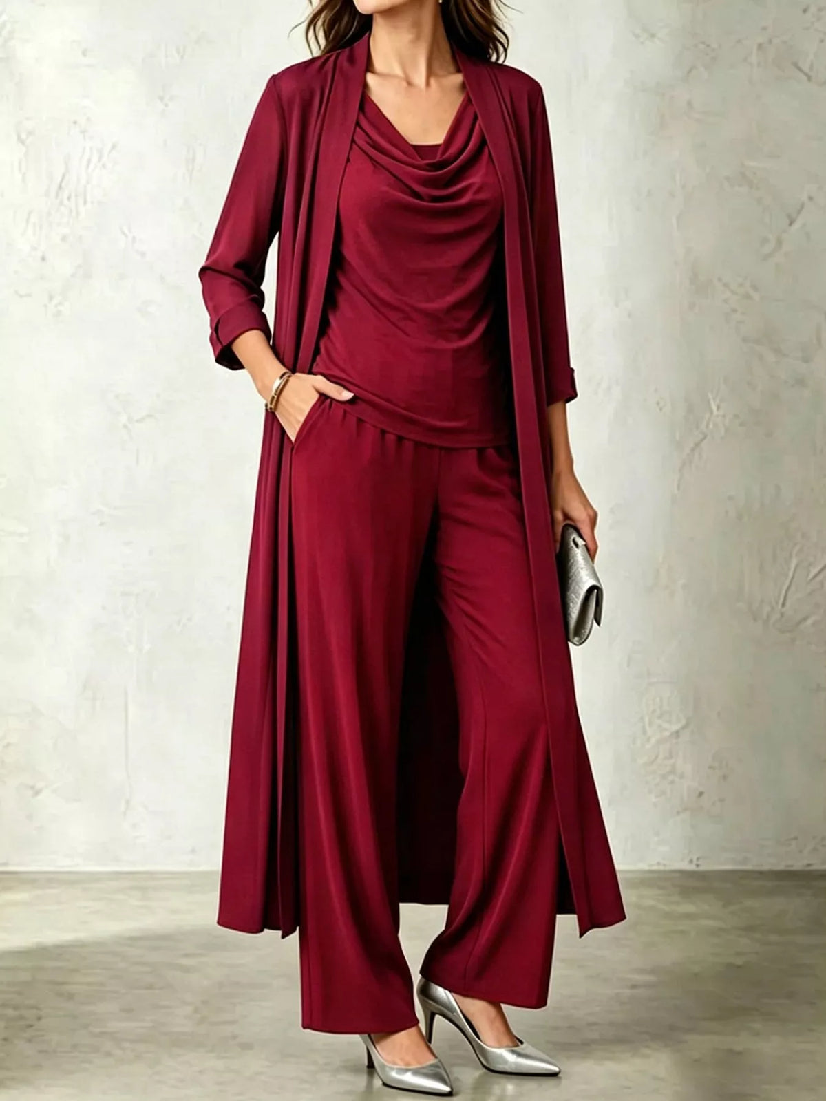 Cowl Neck Top, Cardigan and Pants Set