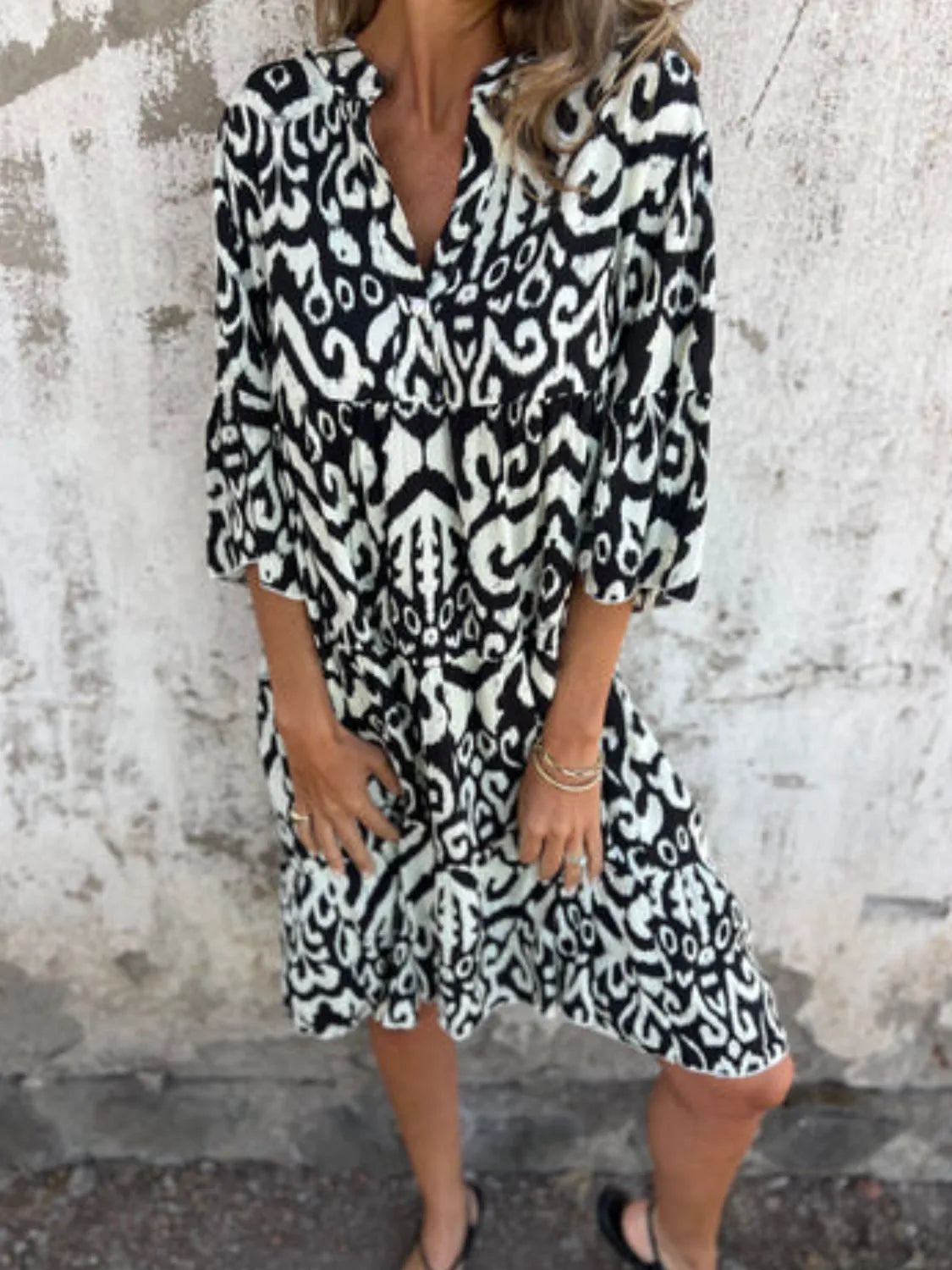 Notched Half Sleeve Printed Plus Size Dress