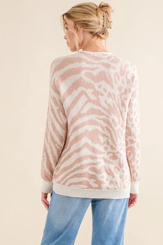 And The Why Leopard-Zebra Print Sweater in Pale Pink