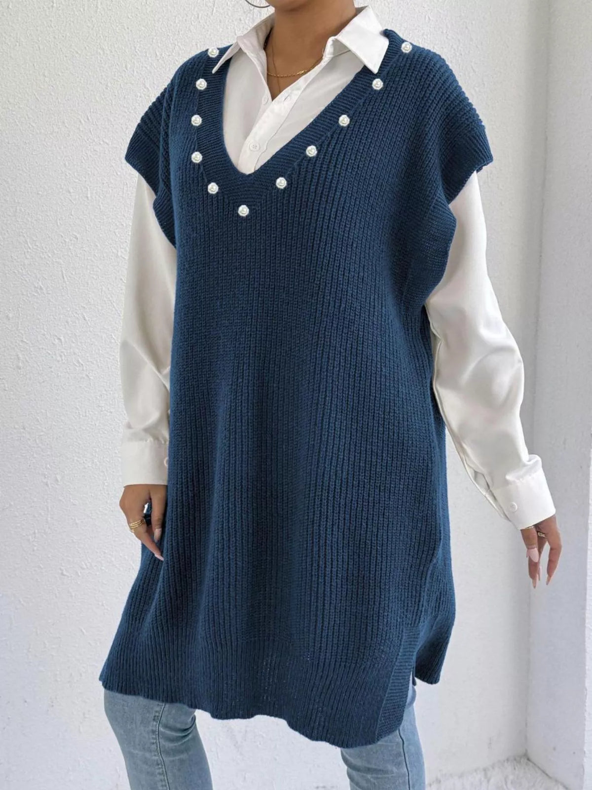Slit V-Neck Sweater Dress