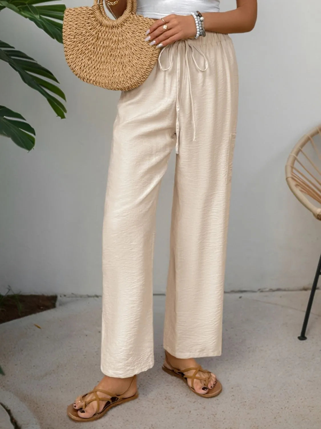 Drawstring Wide Leg Pants in Tan