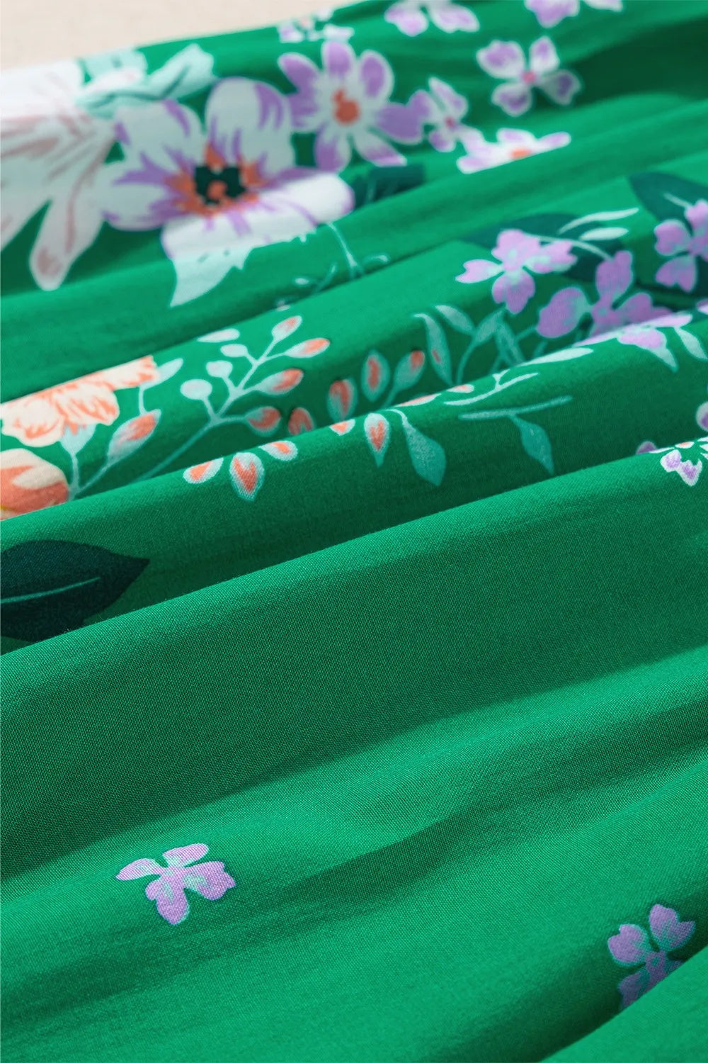 Floral Bubble Sleeve Midi Dress in Dark Green