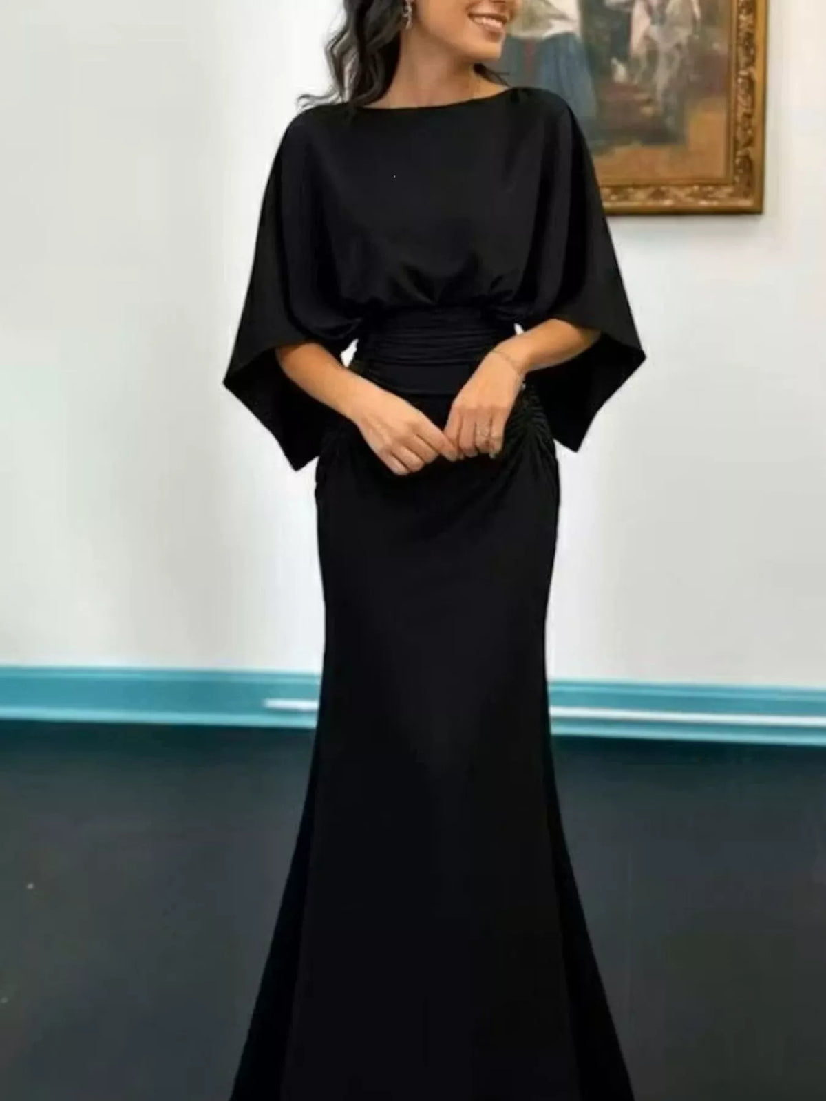 Ruched Batwing Sleeve Maxi Dress