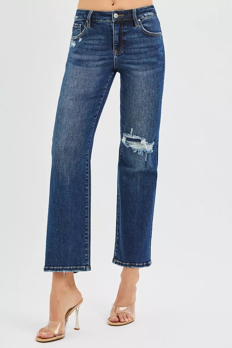 Risen High Rise Slim Straight Crop Jeans in Dark Wash