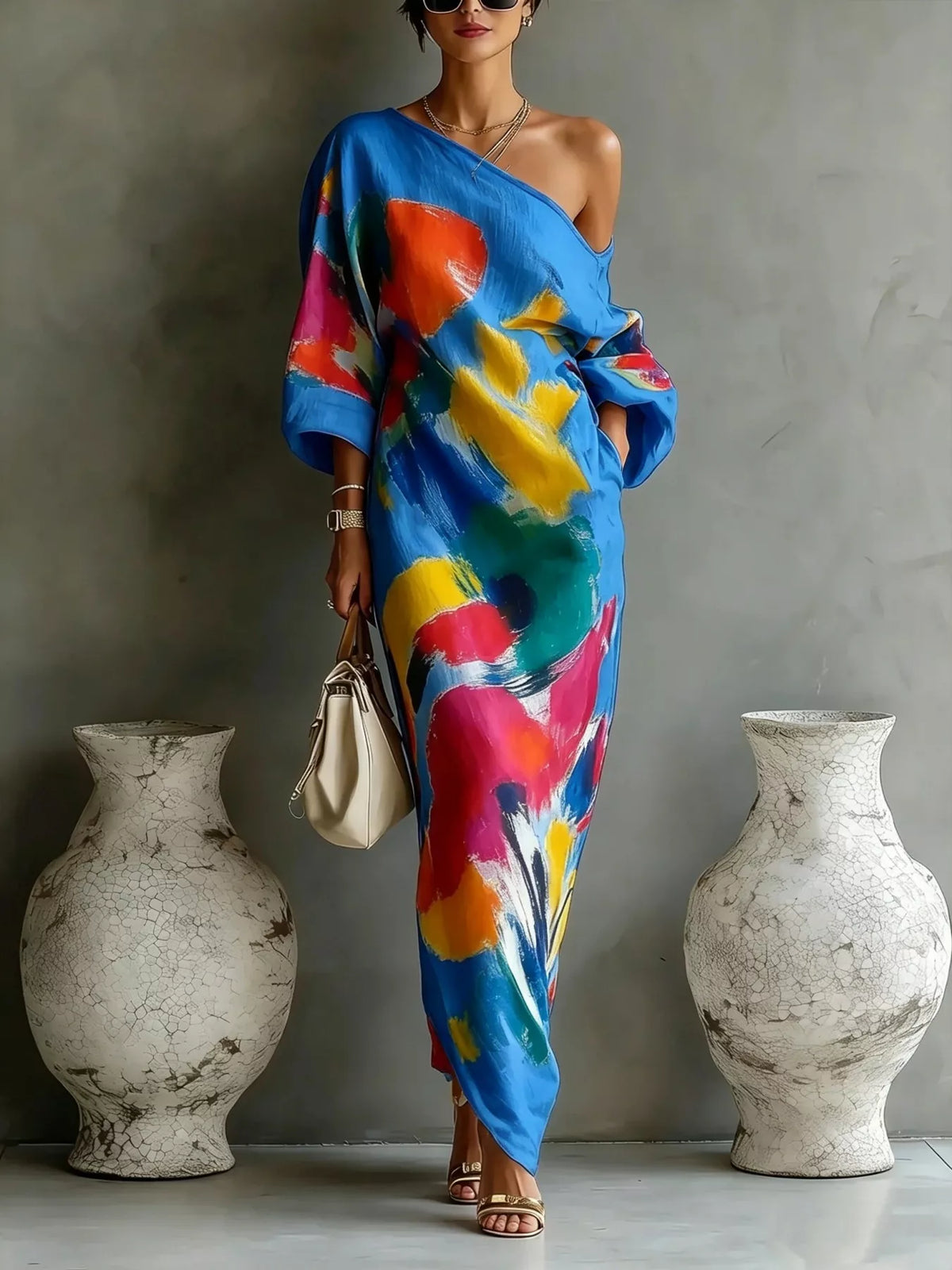 One-Shoulder Abstract Print Maxi Dress by Kaelinne