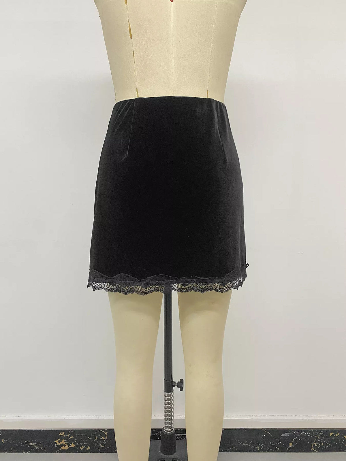 Velvet Mini Skirt with Lace Trim in Black