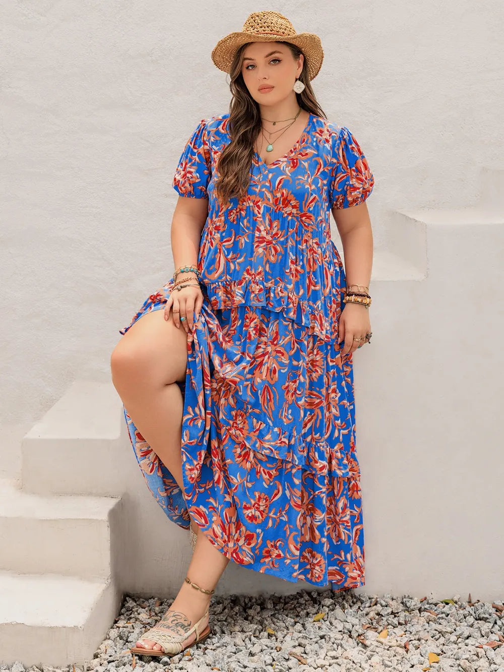 Ruffled Print V-Neck Maxi Dress in Blue