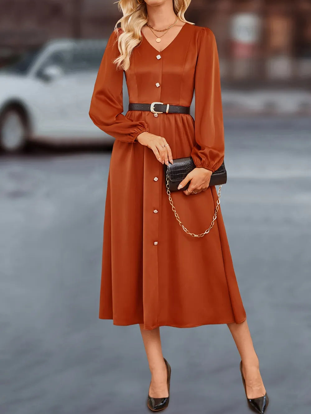 V-Neck Balloon Sleeve Midi Dress in Terracotta