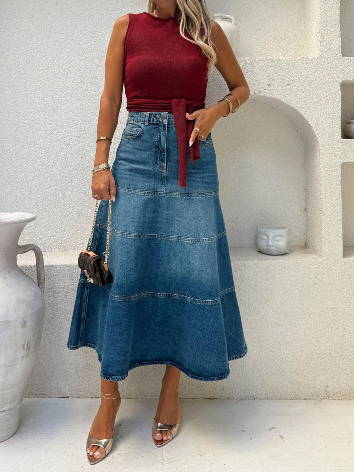 High-Waisted Belted Denim Skirt in Dusty Blue