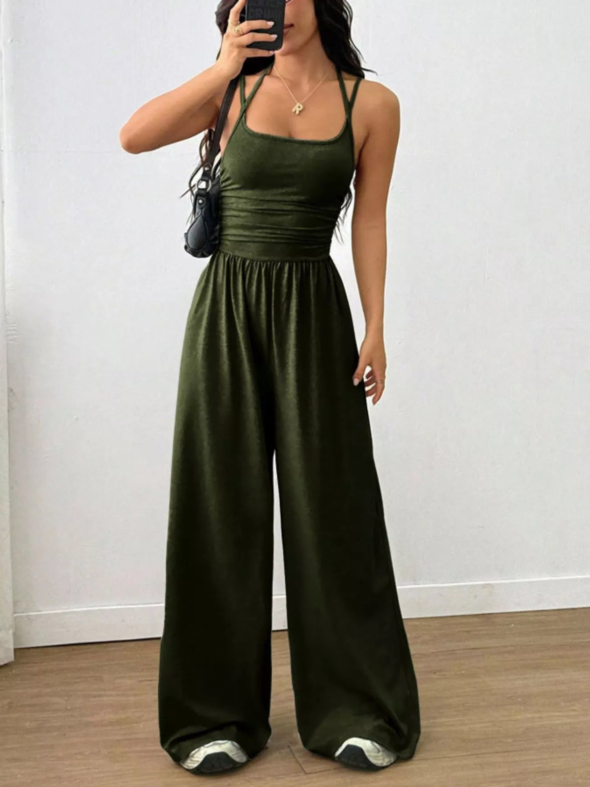 Ruched Spaghetti Strap Wide Leg Jumpsuit