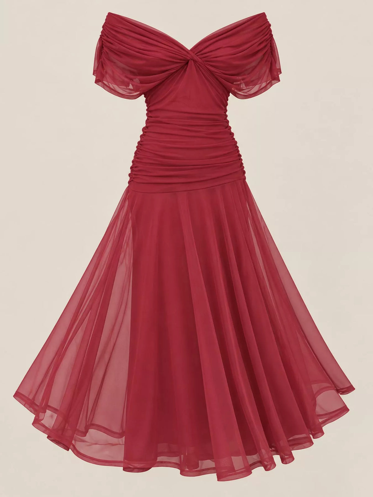 Off-Shoulder Ruched Tulle Evening Maxi Dress