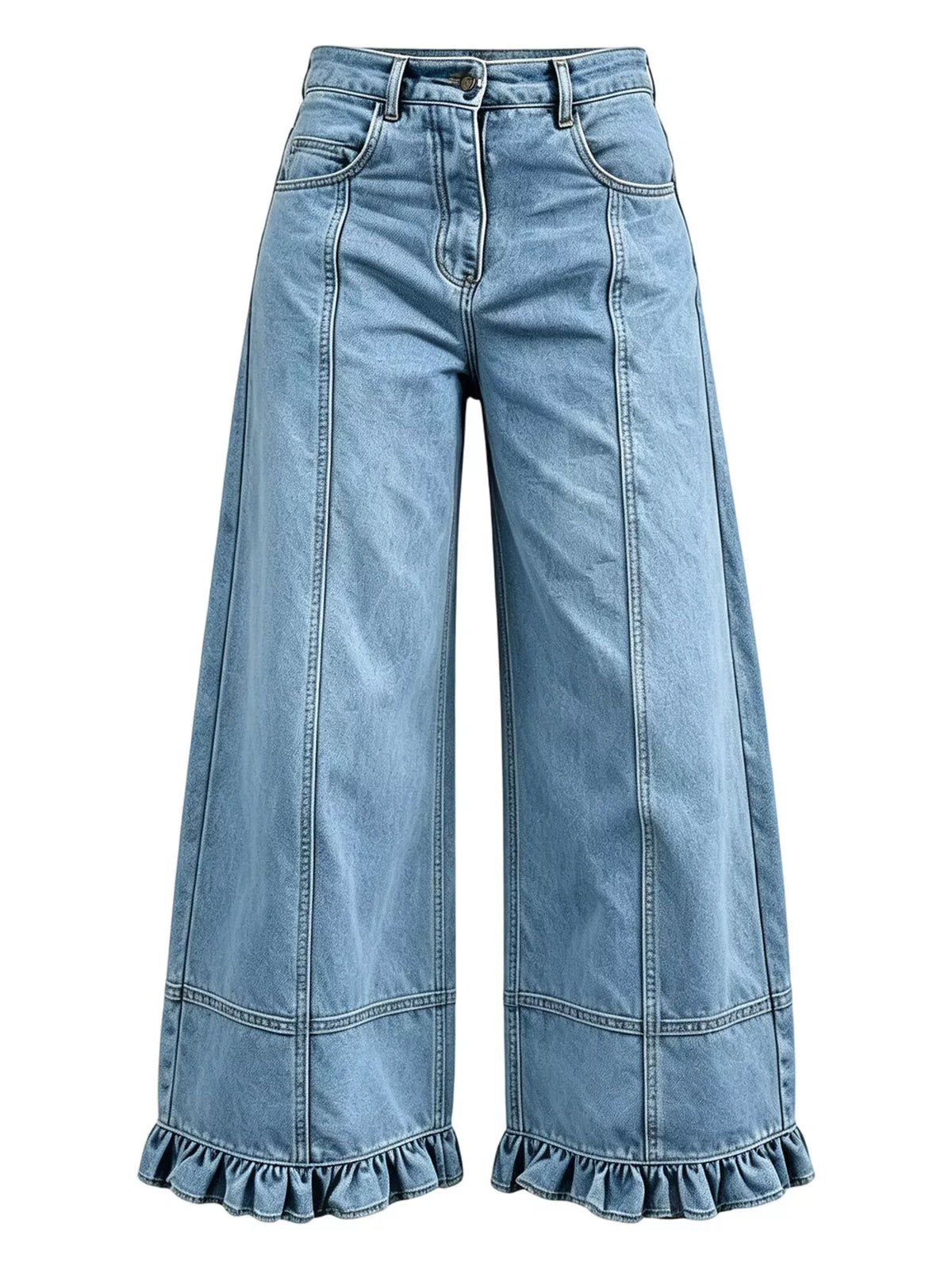 High-Waisted Wide-Leg Ruffled Hem Jeans by Dreamy Drapes