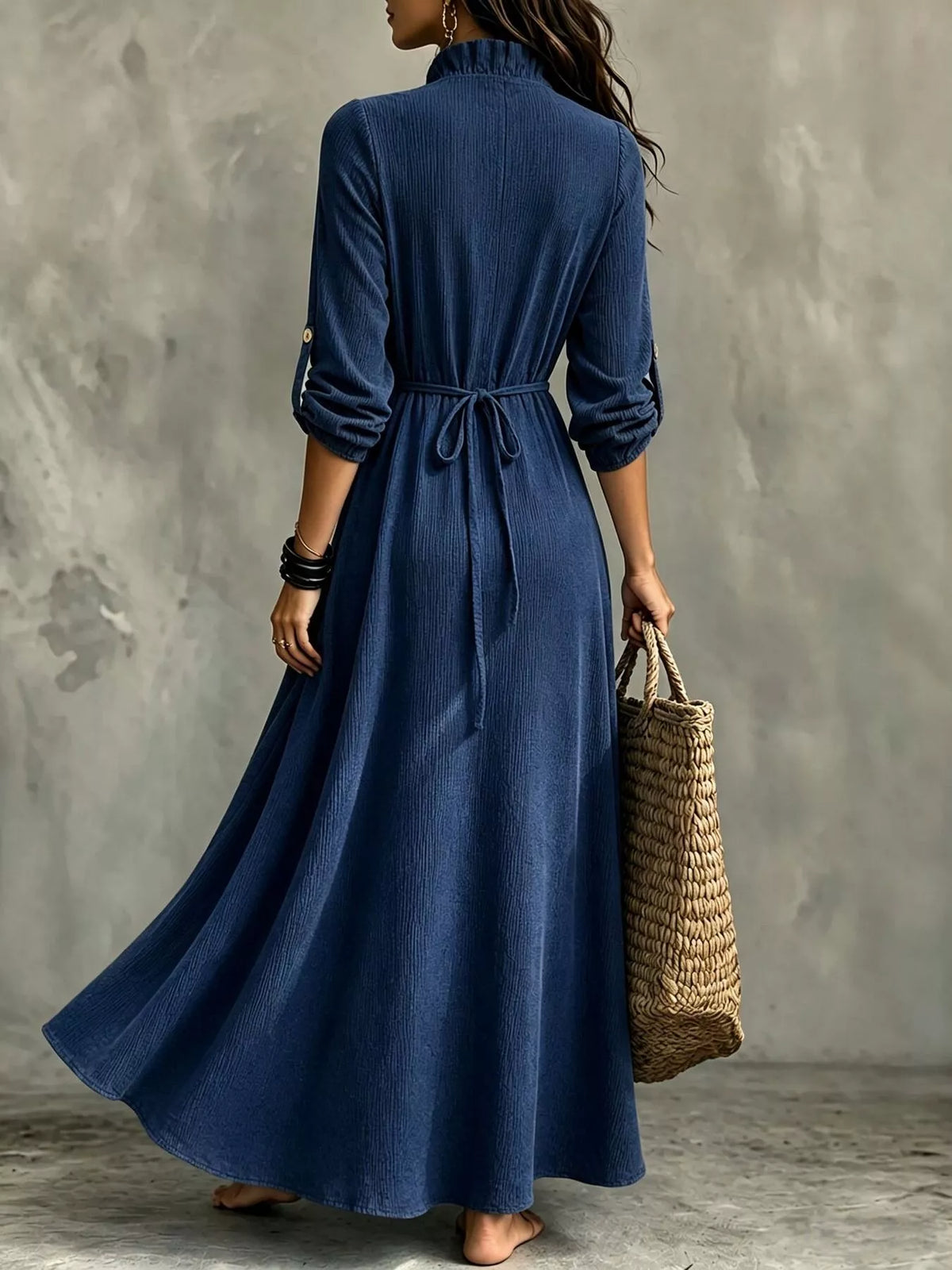 V-Neck Ruffled Maxi Dress with Roll-Up Sleeves