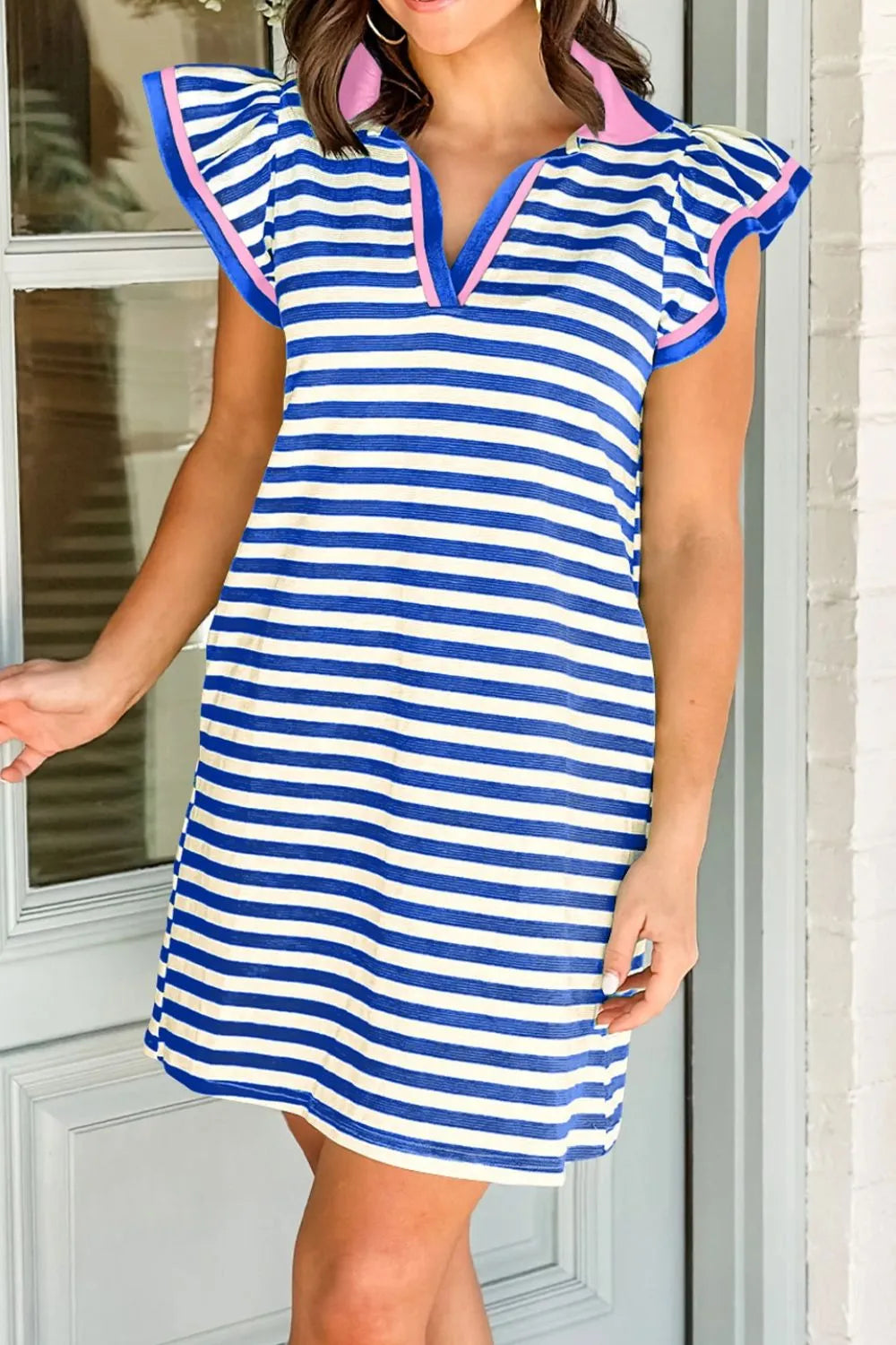Striped Contrast Collar Flutter Sleeve Dress