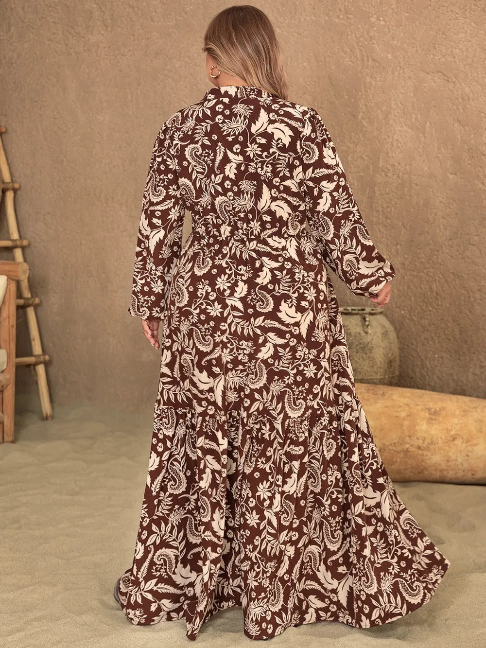 Notched Balloon Sleeve Maxi Dress in Chocolate