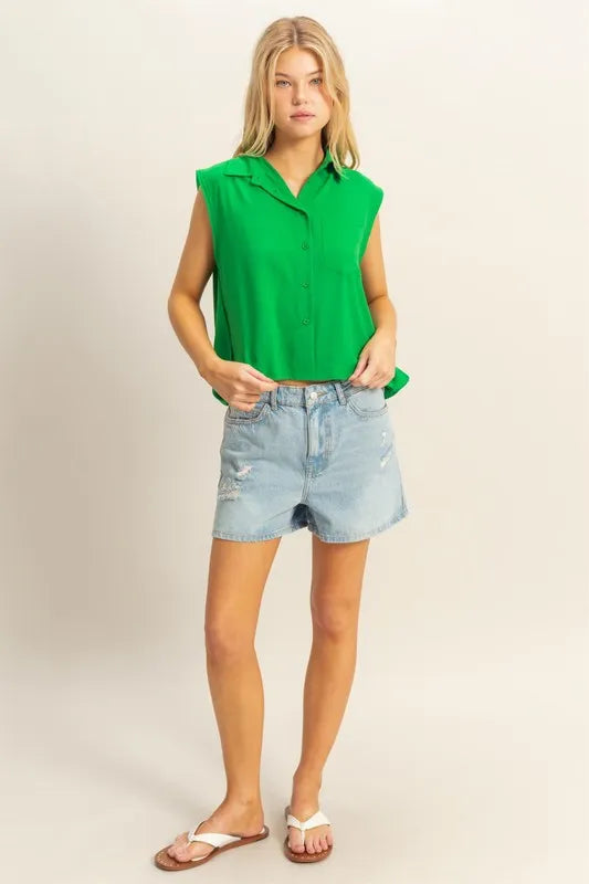Hyfve Buttoned Front Sleeveless Collar Shirt in Kelly Green