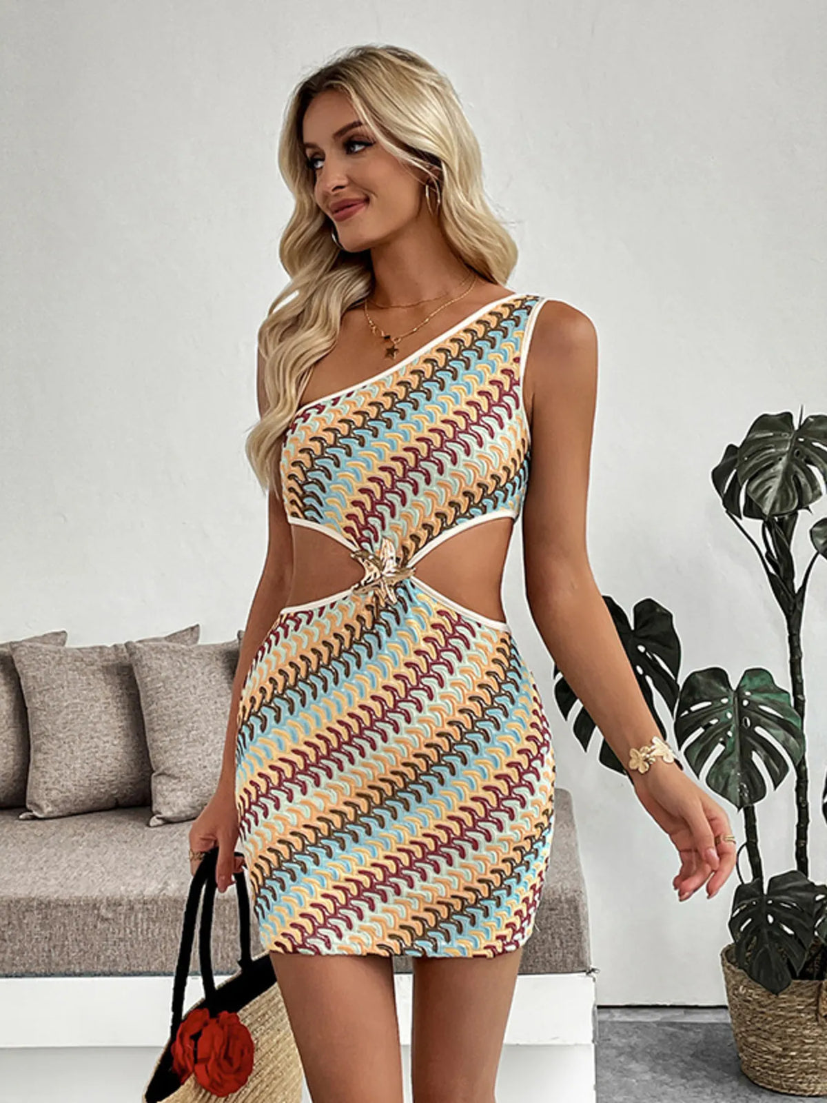 Single Shoulder Cutout Mini Dress in Khaki