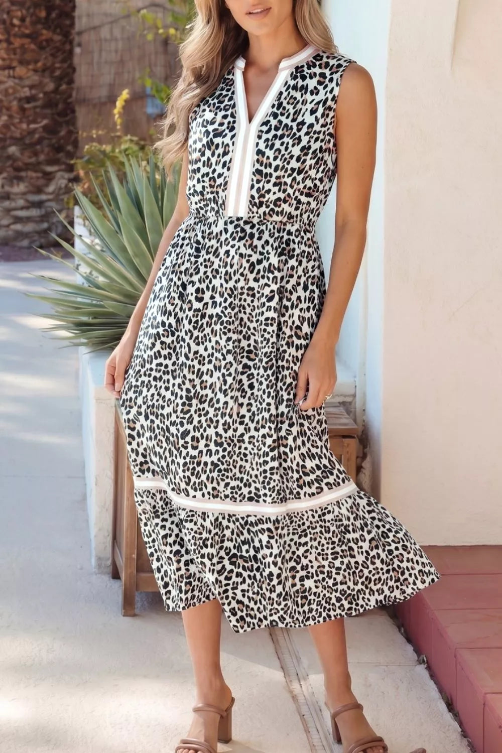 Leopard Print Colorblock-Trim Midi Dress