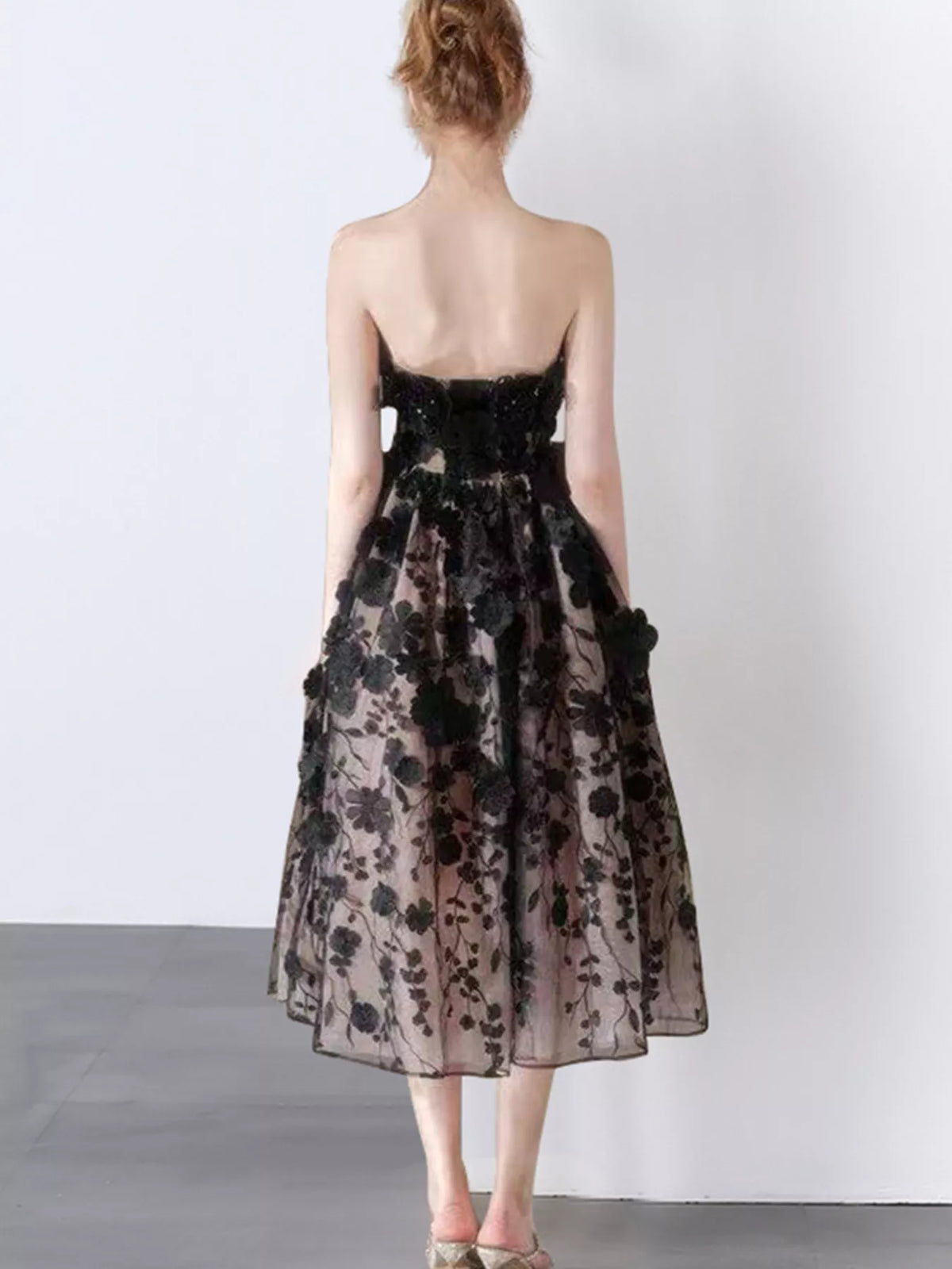 Strapless Floral Applique Midi Dress with Lace Detail