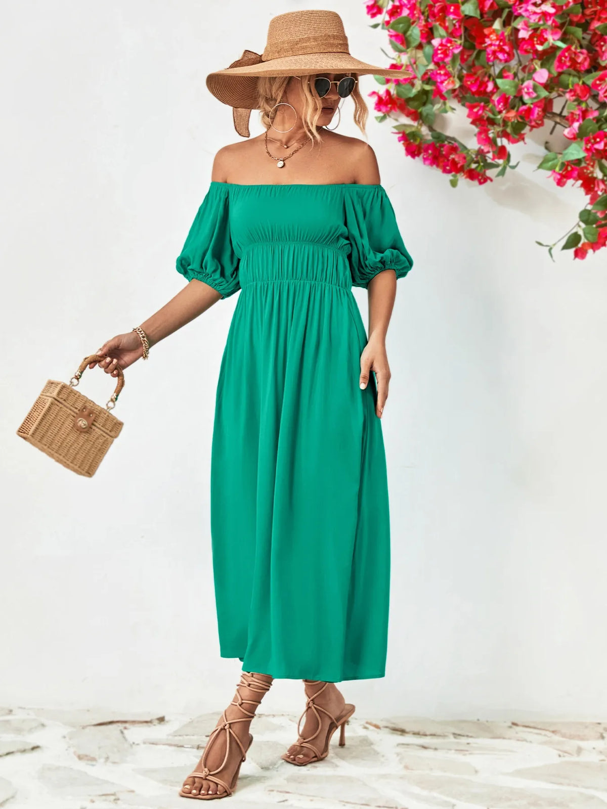 Off-Shoulder Puff-Sleeve Smocked Maxi Dress