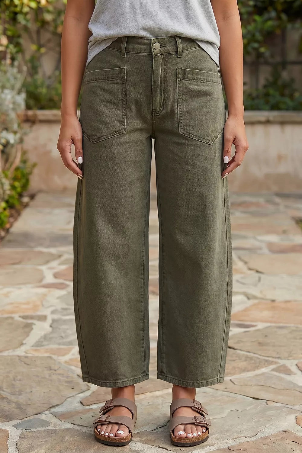 Square Patch Pocket Barrel Jeans in Army Green