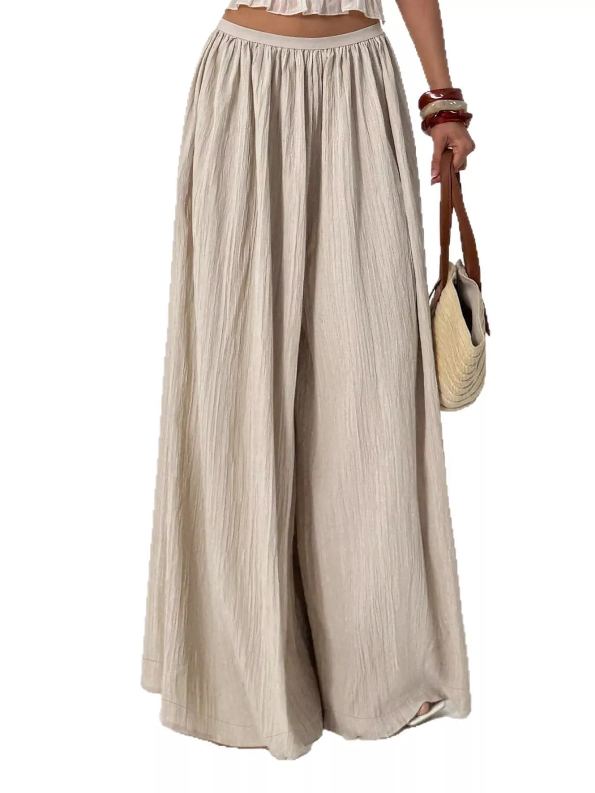 Wide-Leg Textured Pants in Khaki