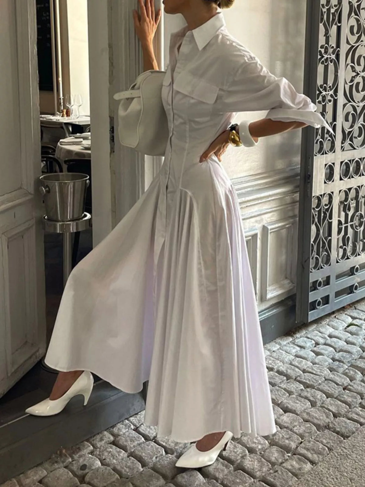 Button-Front Long Sleeve Maxi Shirt Dress in White