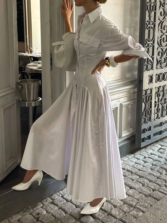 Button-Front Long Sleeve Maxi Shirt Dress in White