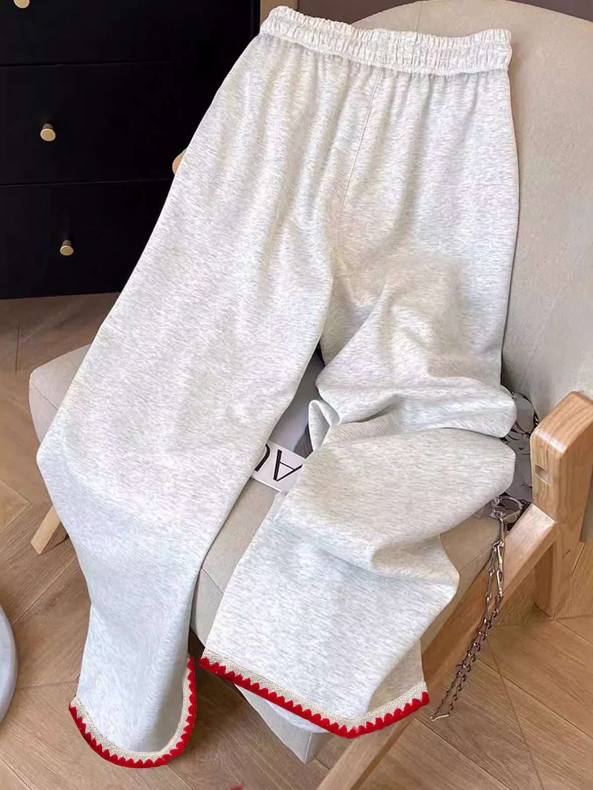 Embroidered Trim Pants in Gray and White in Gray/white
