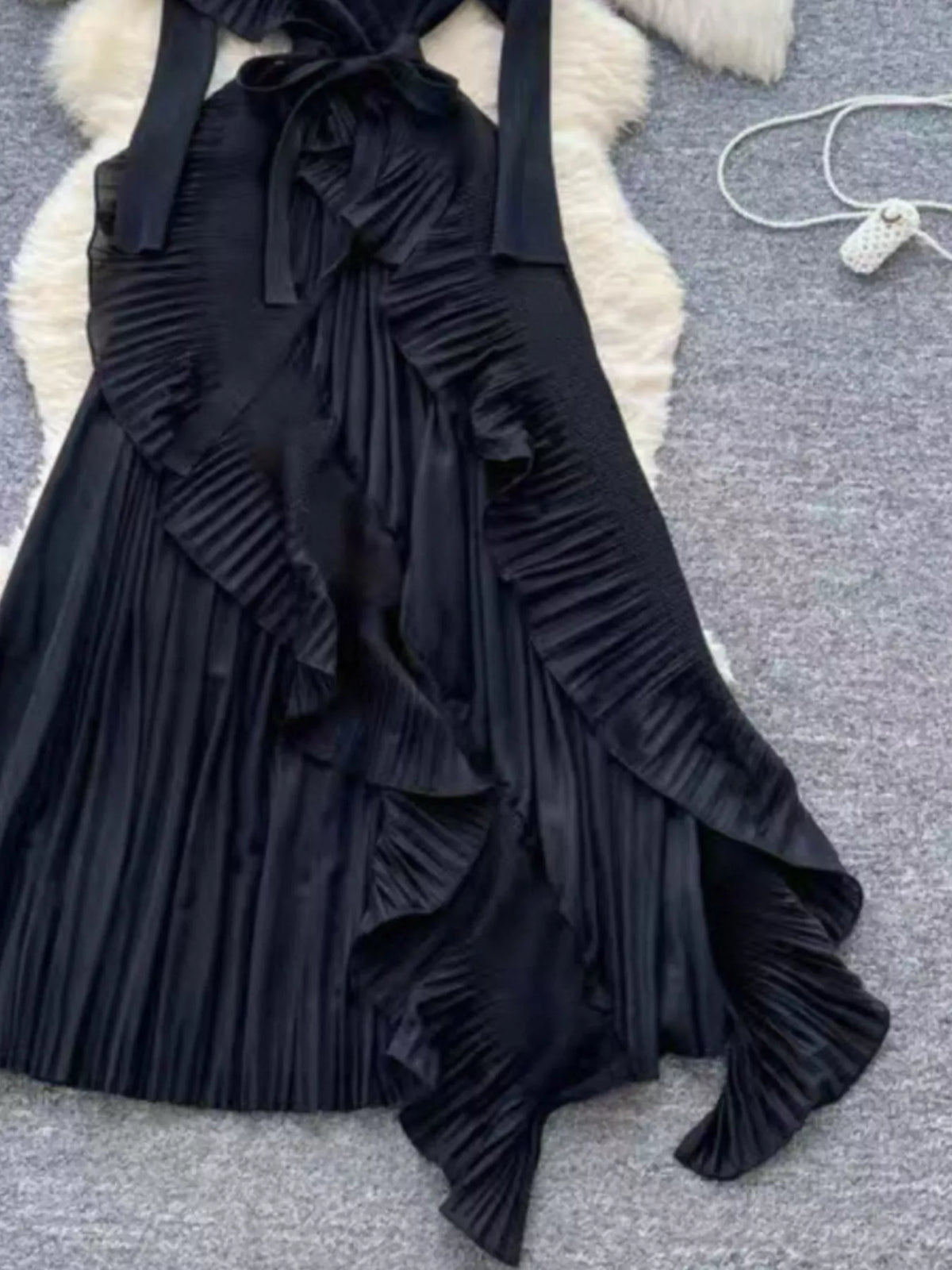 Ruffle-Trim Pleated Midi Dress