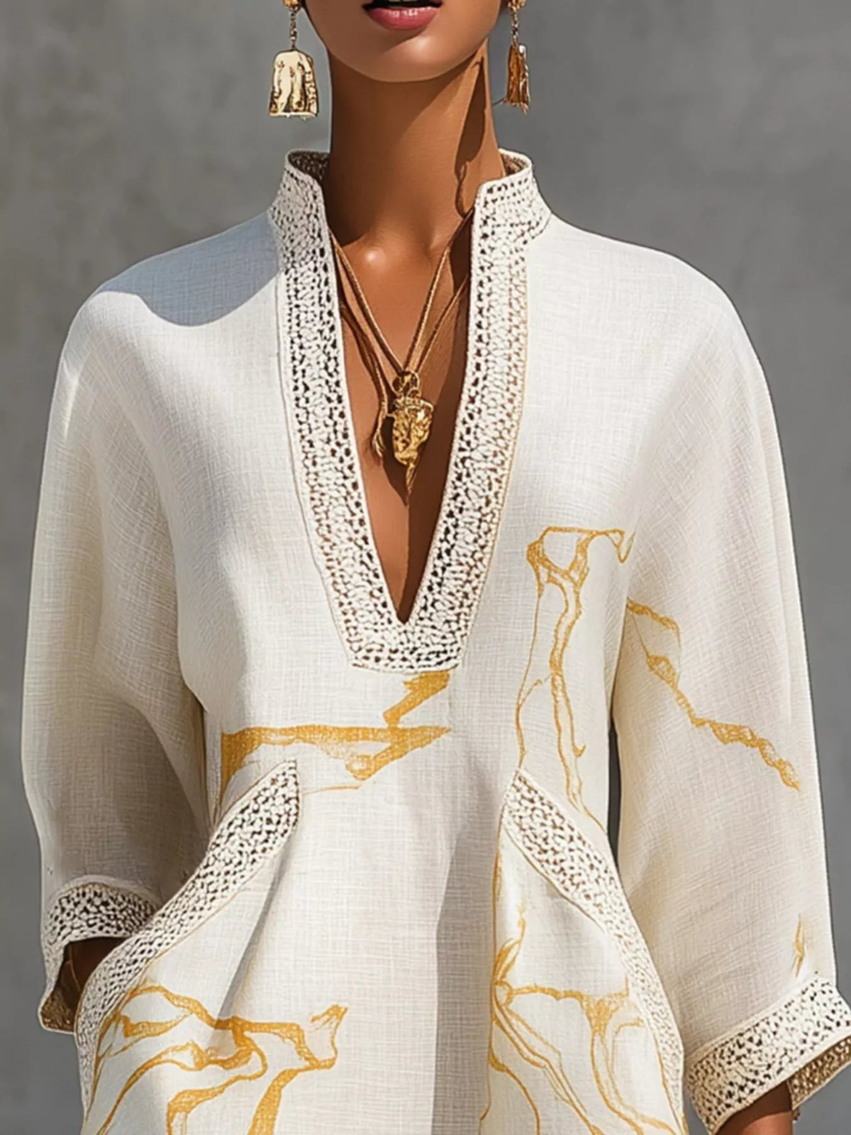Notched 3/4 Sleeve Lace Mini Dress