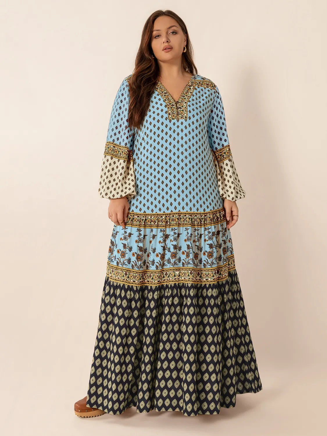V-Neck Balloon Sleeve Maxi Dress in Sky Blue