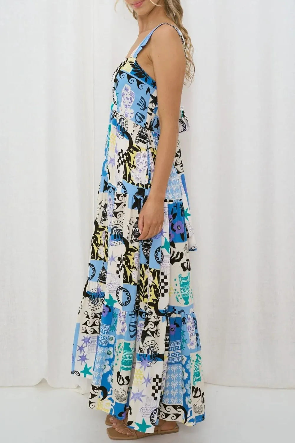 Printed Square Neck Wide Strap Maxi Dress by Shenori