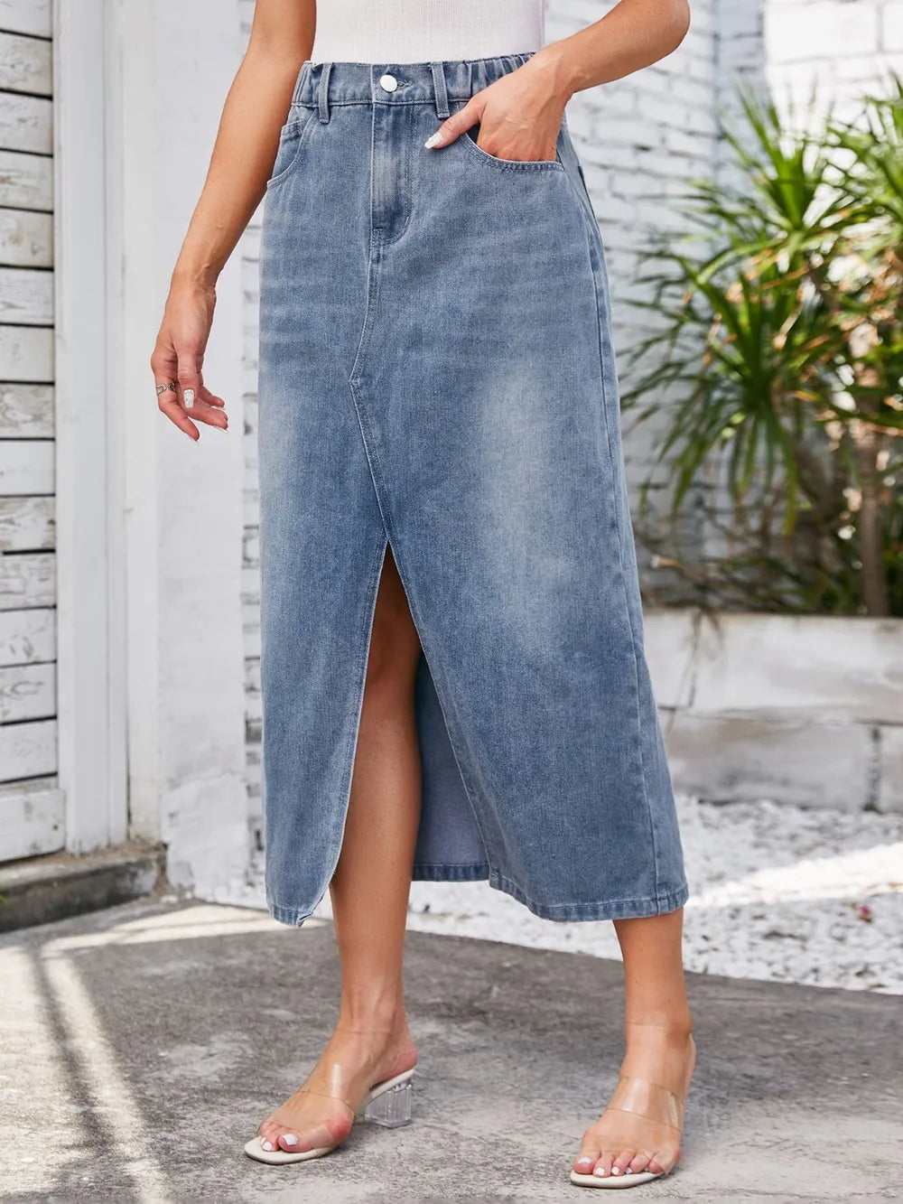Slit Midi Denim Skirt with Pockets by Manny