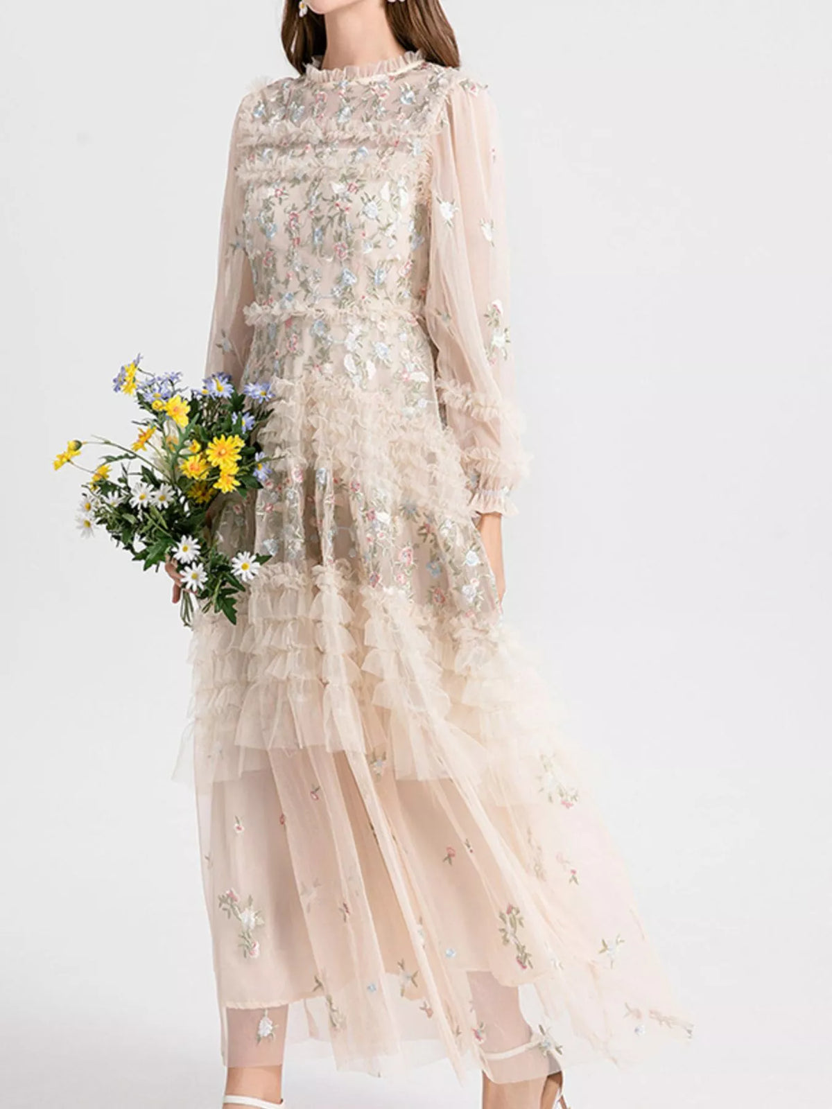 Floral Tulle Layered Maxi Dress in Apricot