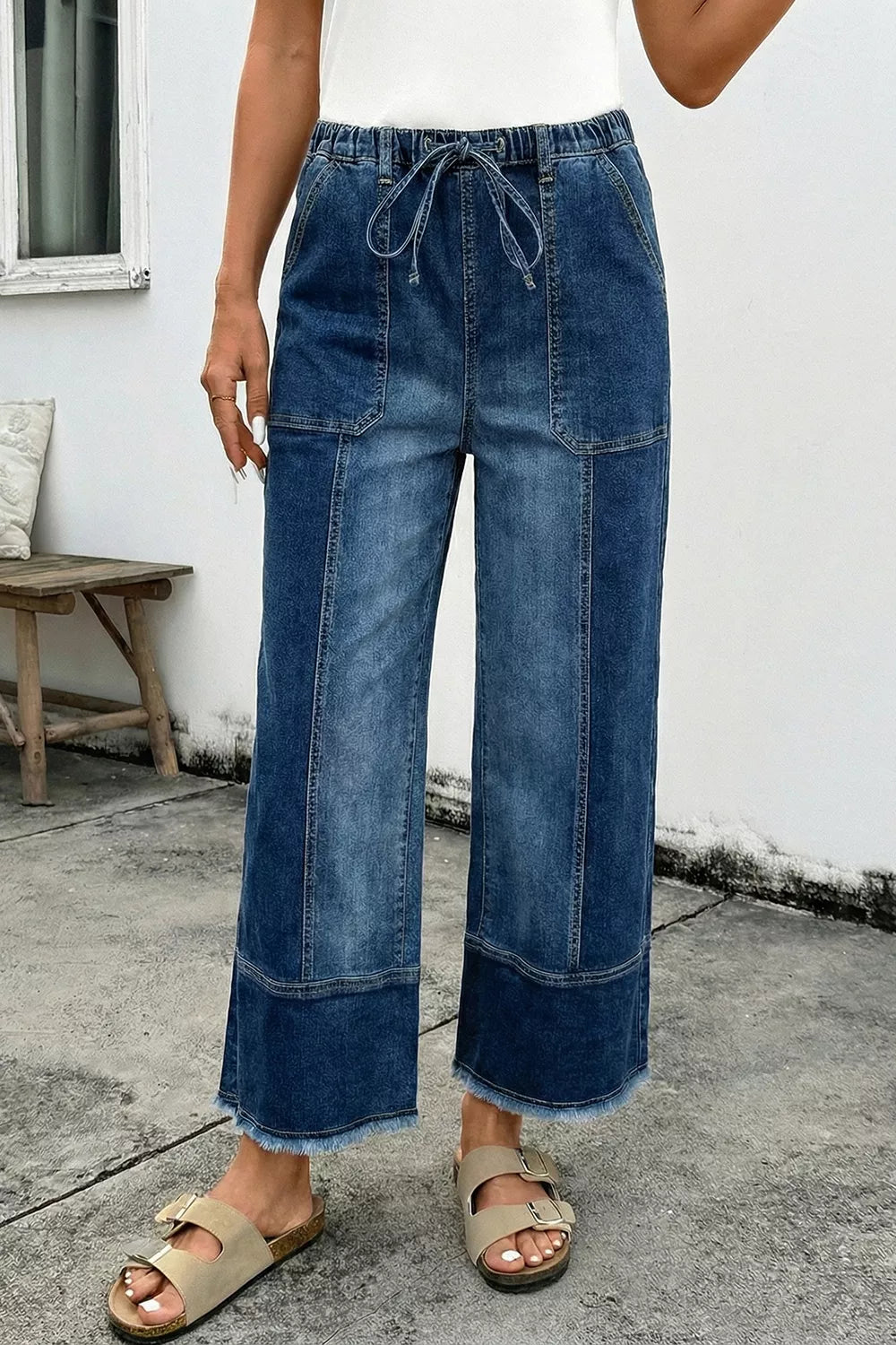 Raw Hem Wide Leg Denim Pants in Medium