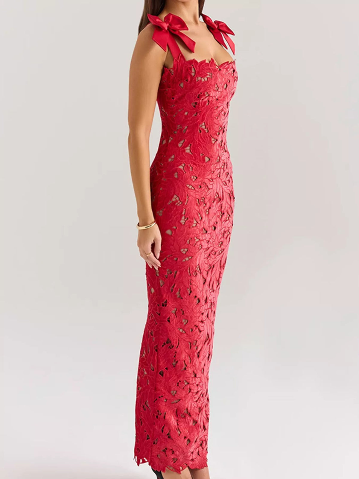 Tie Shoulder Lace Cutout Maxi Dress