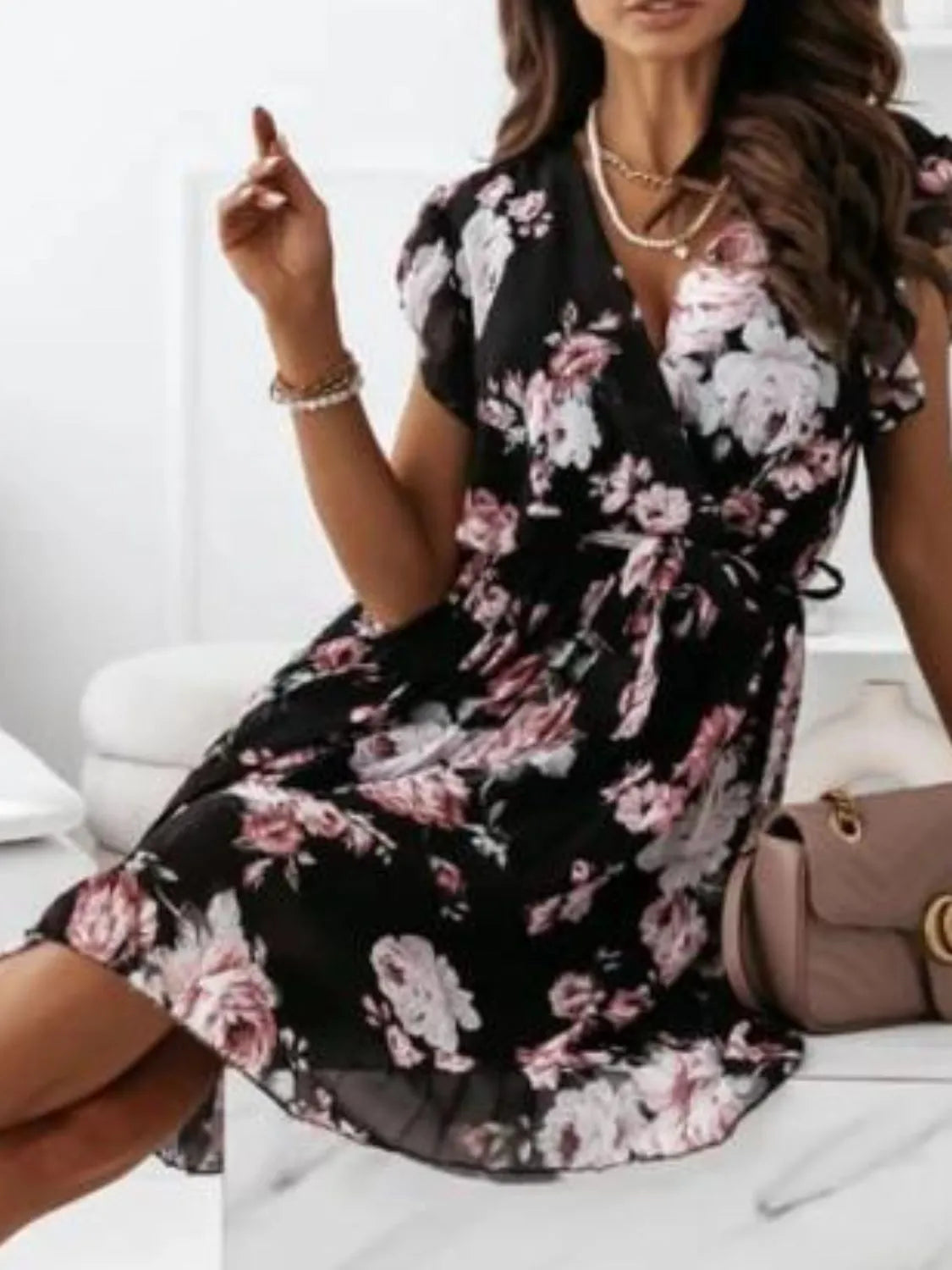 Floral Surplice Ruffled Cap Sleeve Dress