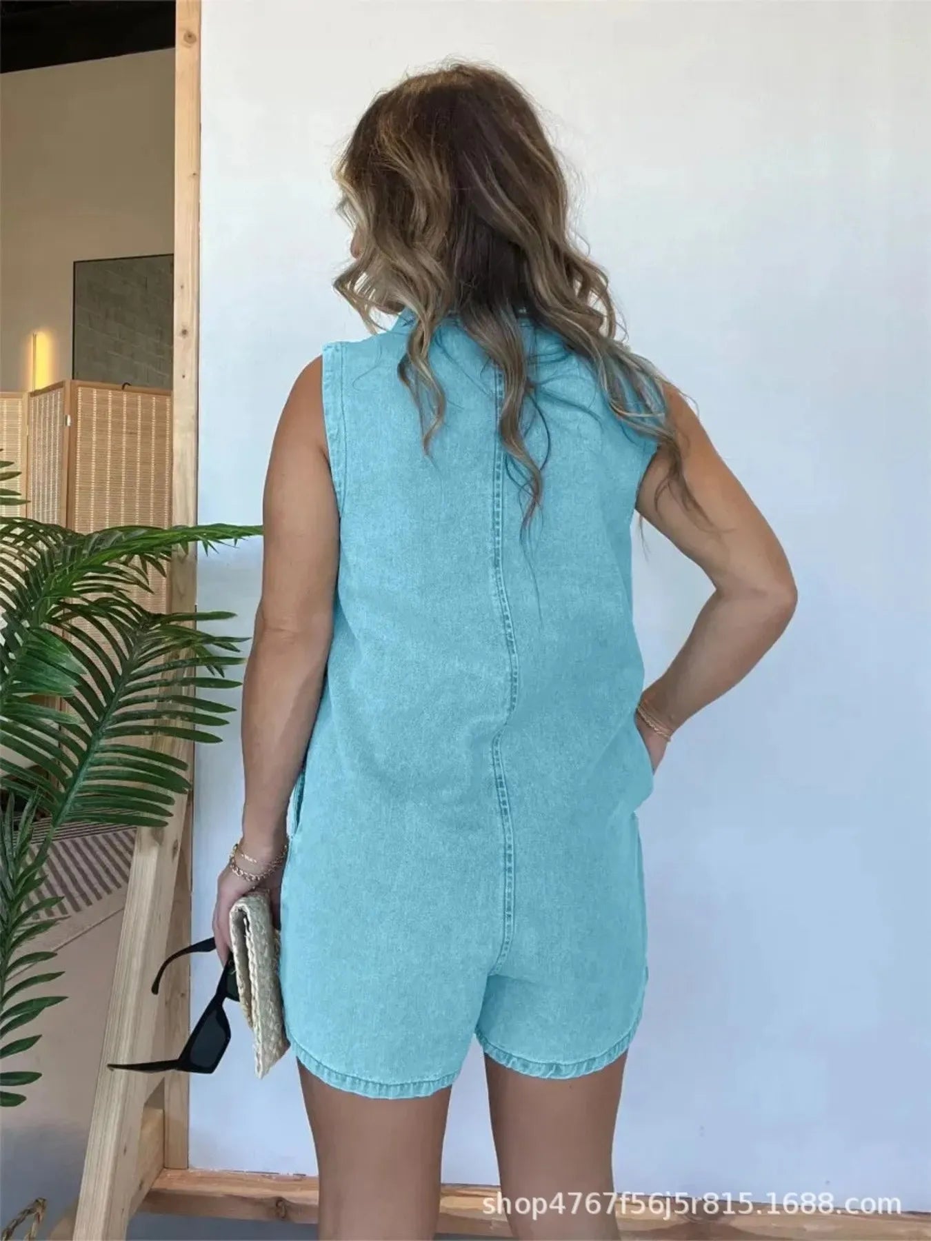 Button-Front Sleeveless Denim Romper