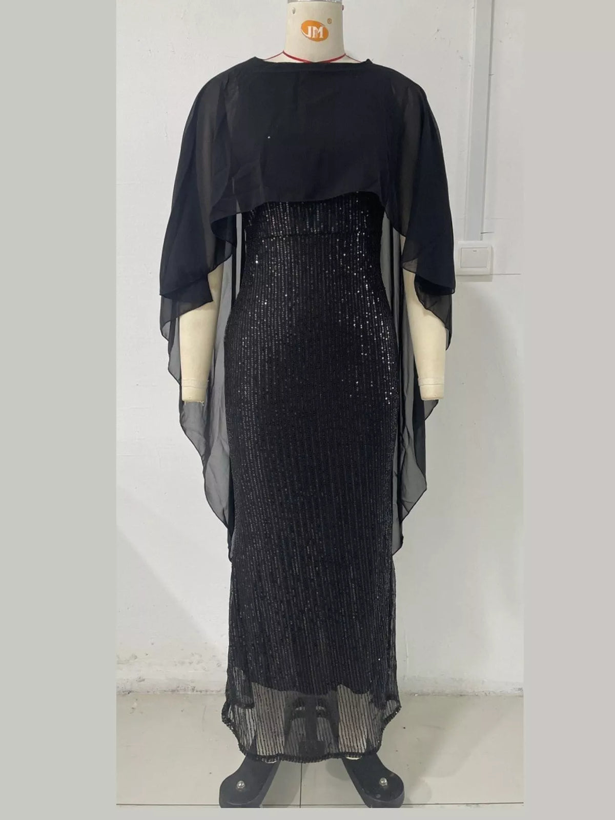 Sequin Cape-Overlay Evening Dress