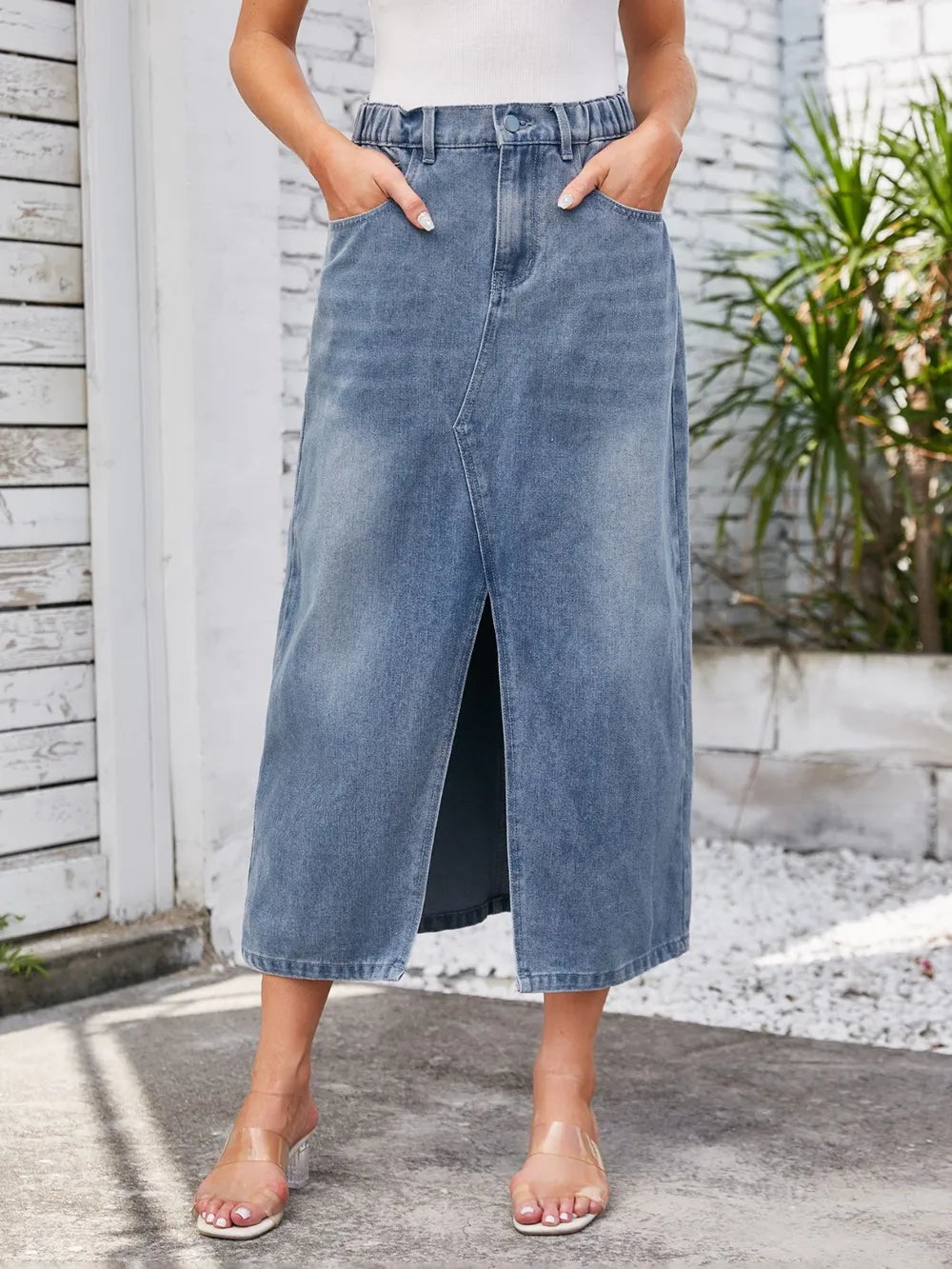 Slit Midi Denim Skirt with Pockets by Manny