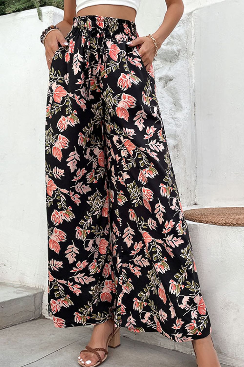 Floral Wide Leg Pull-On Pants in Black