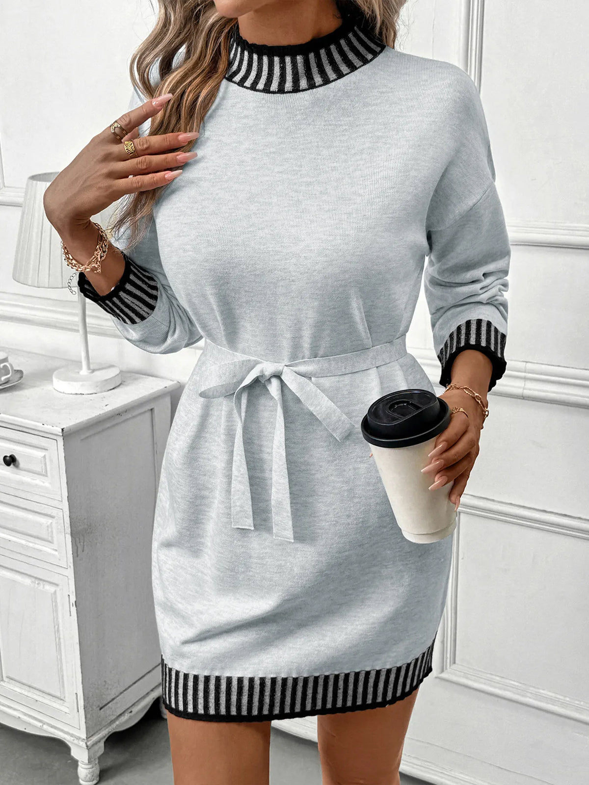 Striped Trim Tie-Waist Sweater Dress in Light Gray