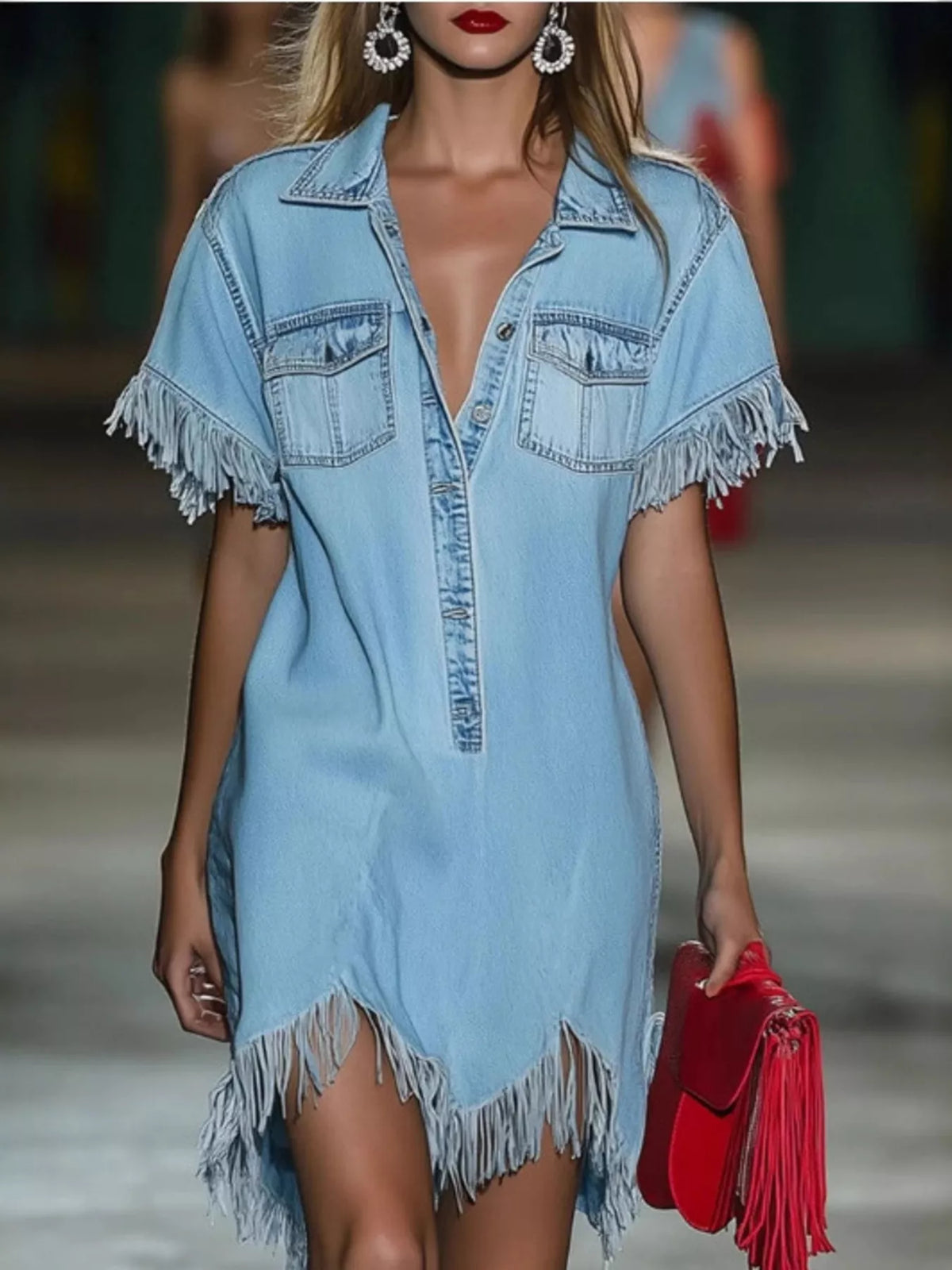Fringed Button-Front Denim Shirt Dress in Sky Blue