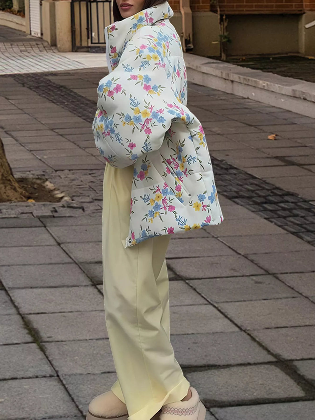 Floral Print Oversized Puffer Jacket in White
